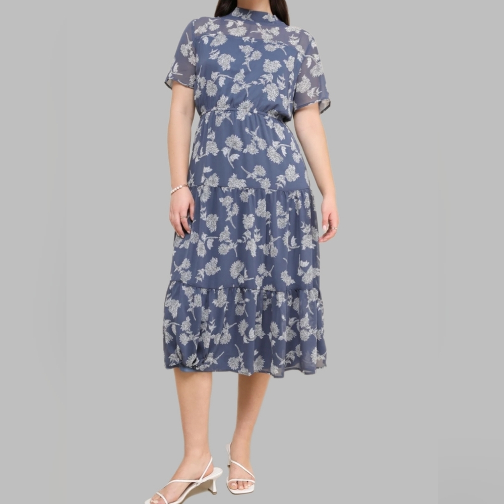 Lulu's Blue Floral Midi Dress with White Print
